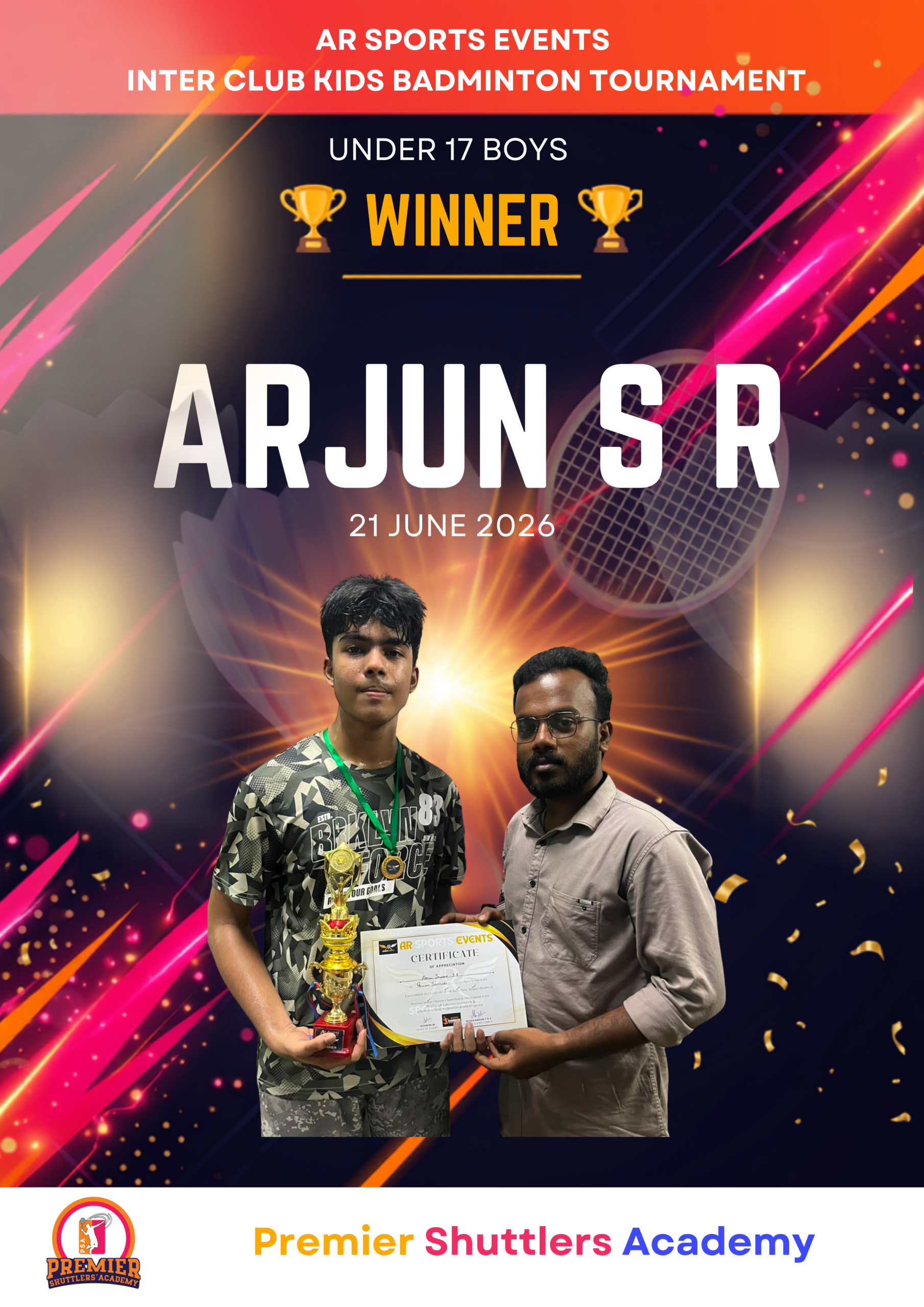 Arjun S R Under 17 Boys Winner Premier Shuttlers Academy