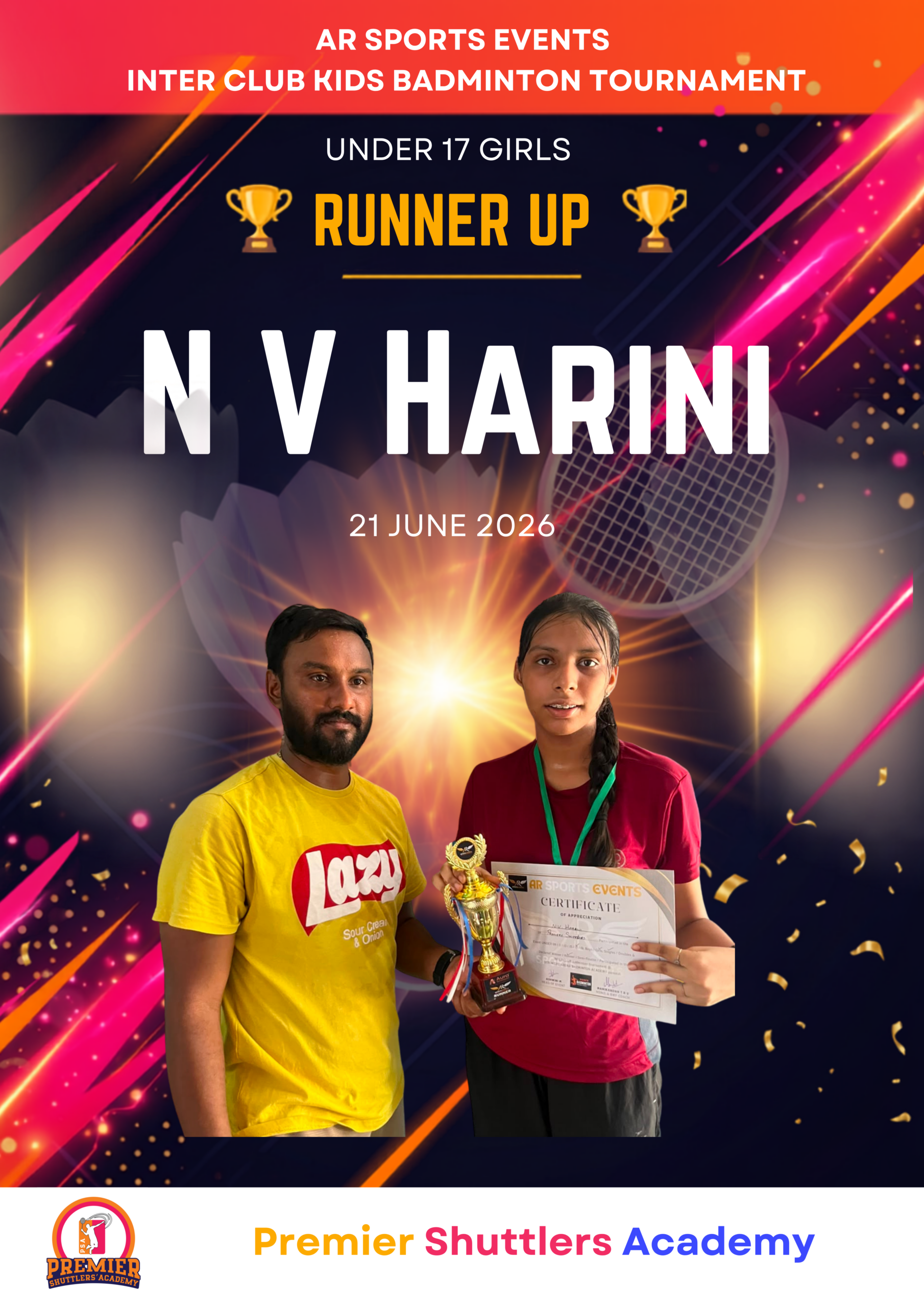 N V Harini Under 17 Girls Runner Up Premier Shuttlers Academy
